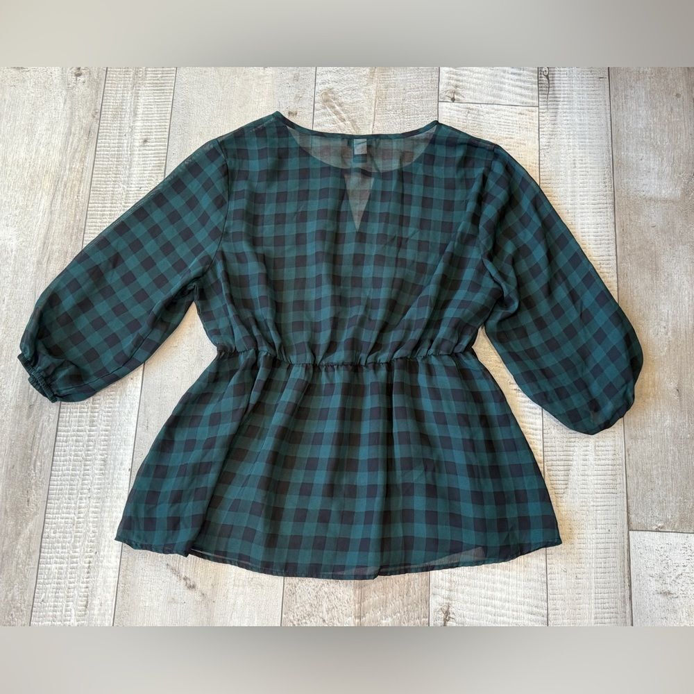 Torrid Green Black Buffalo Plaid Peplum Blouse Keyhole Neck 1X Top - Picture 3 of 3